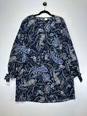 H&M Paisley Shift Dress Navy Blue Tunic Mini Dress Tie Sleeve Size 12